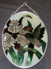 Vintage Stained Glass Hummingbird Flowers Chain Oval Hanging Suncatcher