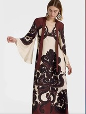 New Women’s Vintage Print Long Sleeve Maxi Scarf Dress UK 16 - 18
