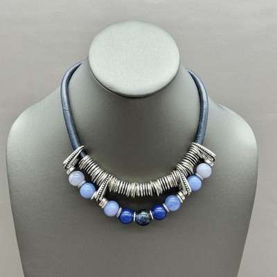 Chico's Necklace Blue Beaded Leather Cord Silver Tone Statement Collar 16''