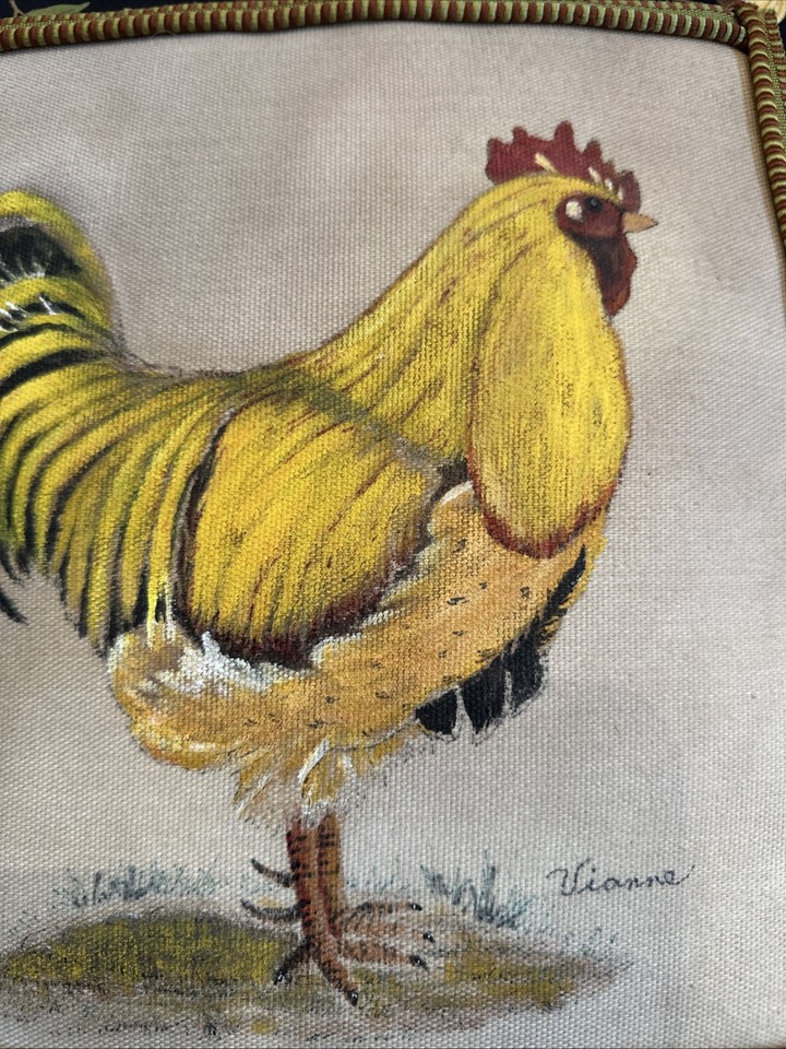 Hand Painted Yellow Rooster Chicken Throw Pillow Black Border Fringe ...