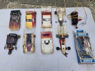 Lot of 8 Vintage 1/24 slot cars Lot with 2 controllers NOS body tires motors