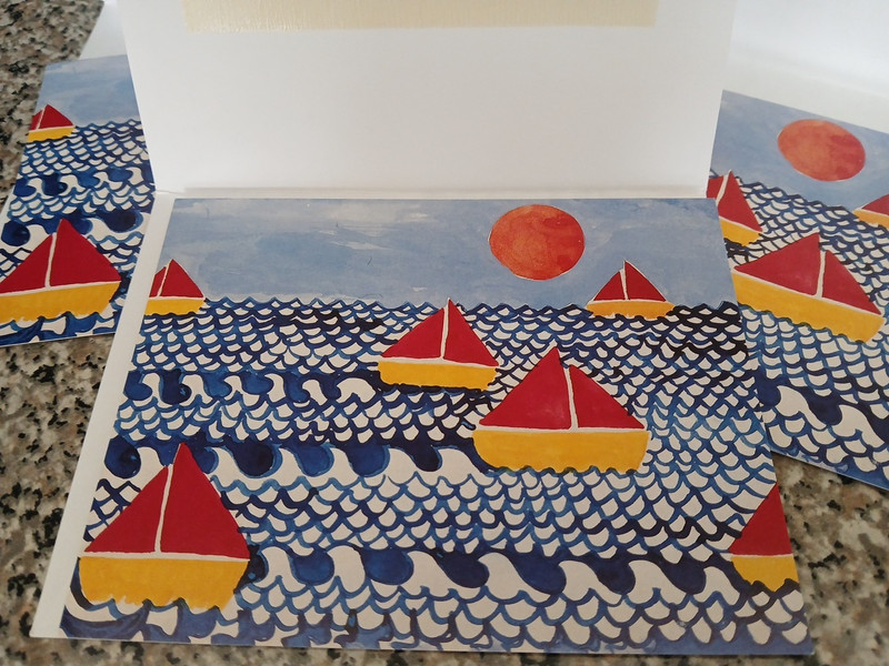 3 Blank Cards/Envls RED SAILBOATS-Annick Hollister-NARSAD Artworks 2179 6"x4.5"