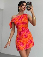 Asymmetrical Neck Mini Bodycon Dress Knot Detail Sexy Party Concert Outfit