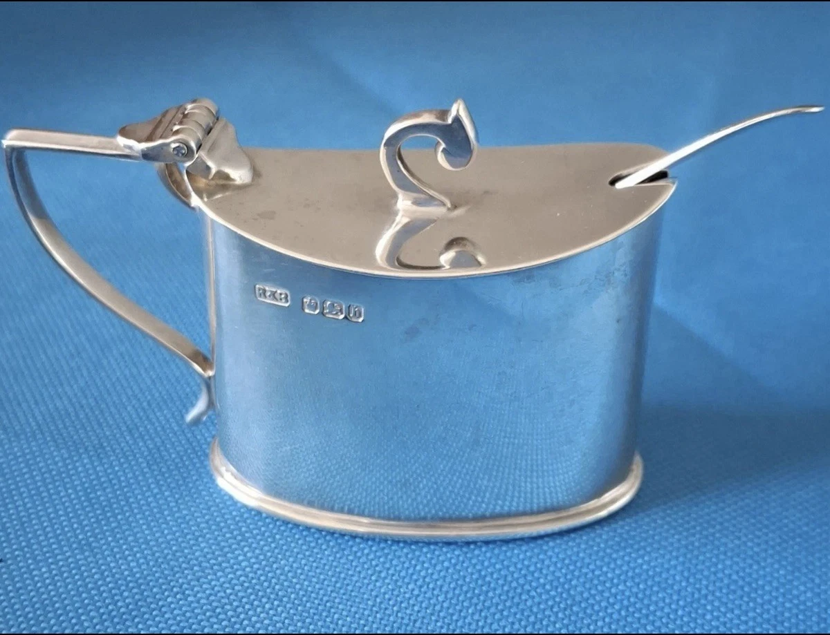 Sterling Silver Mustard Pot w Cobalt Liner & Spoon Sheffield 1894