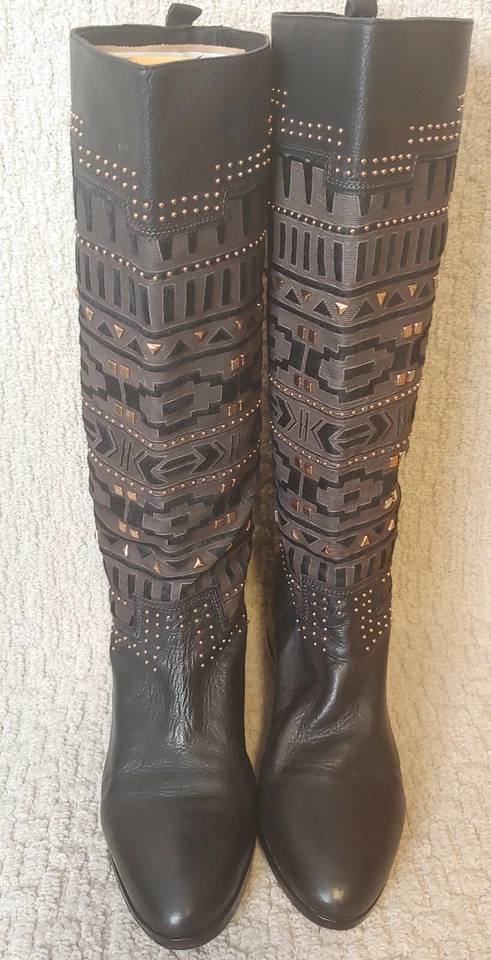 Botas de cuero Ivy Kirzhner negras con pelo 10 tacón de cuña pantorrilla de cobre Foto 2 de 4