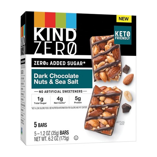 KIND ZERO Added Sugar Bars, Keto Friendly Snacks, Dark Chocolate, 6.2oz (5 Bars)