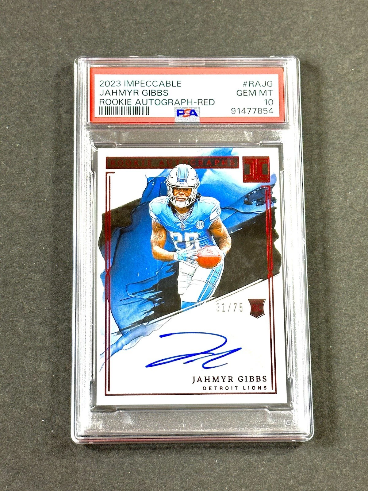 Jahmyr Gibbs Panini Impeccable Rookie Autographs #RAJG Red