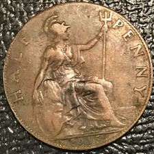 NICE DETAILS 1915 GREAT BRITAIN ENGLISH 1/2 HALF PENNY CENT-NOV353