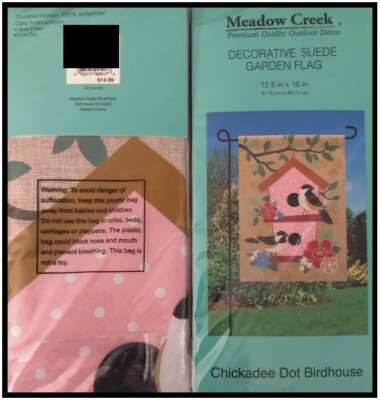 Meadow Creek Chickadee, Dot & Birdhouse Suede Garden Flag 12.5'' x 18''