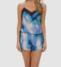 NEW $95 Josie Natori Women Blue Sleeveless Lace V-Neck One-piece Romper Size XL