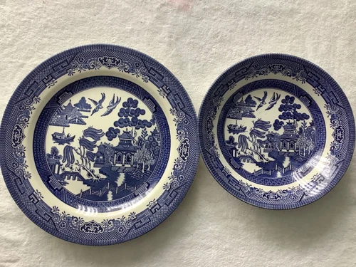 Churchill Willow Blue Dinner Plate & Soup Bowl Dinnerware Set England