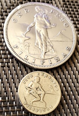 1909-s One Peso US-FILIPINAS Coin & 1945-s 5cents Commonwealth US
