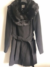 Ladies, Oasis Black Coat With Faux Fur Collar, Size M, New