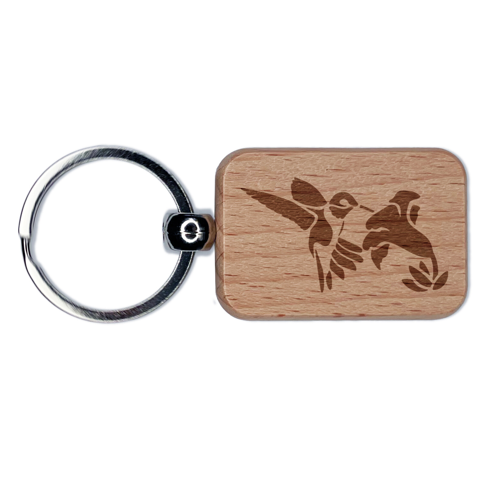 Hummingbird with Flower Engraved Wood Rectangle Keychain Tag Charm