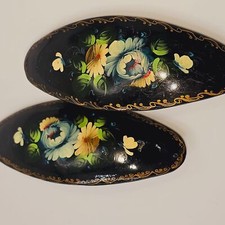 Vintage Russian Hand-Painted Floral Hair Barrettes 2 Signed 2001