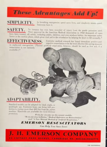 J. H. Emerson Co. Cambridge MA Resuscitators Save Lives Vintage Print Ad 1957