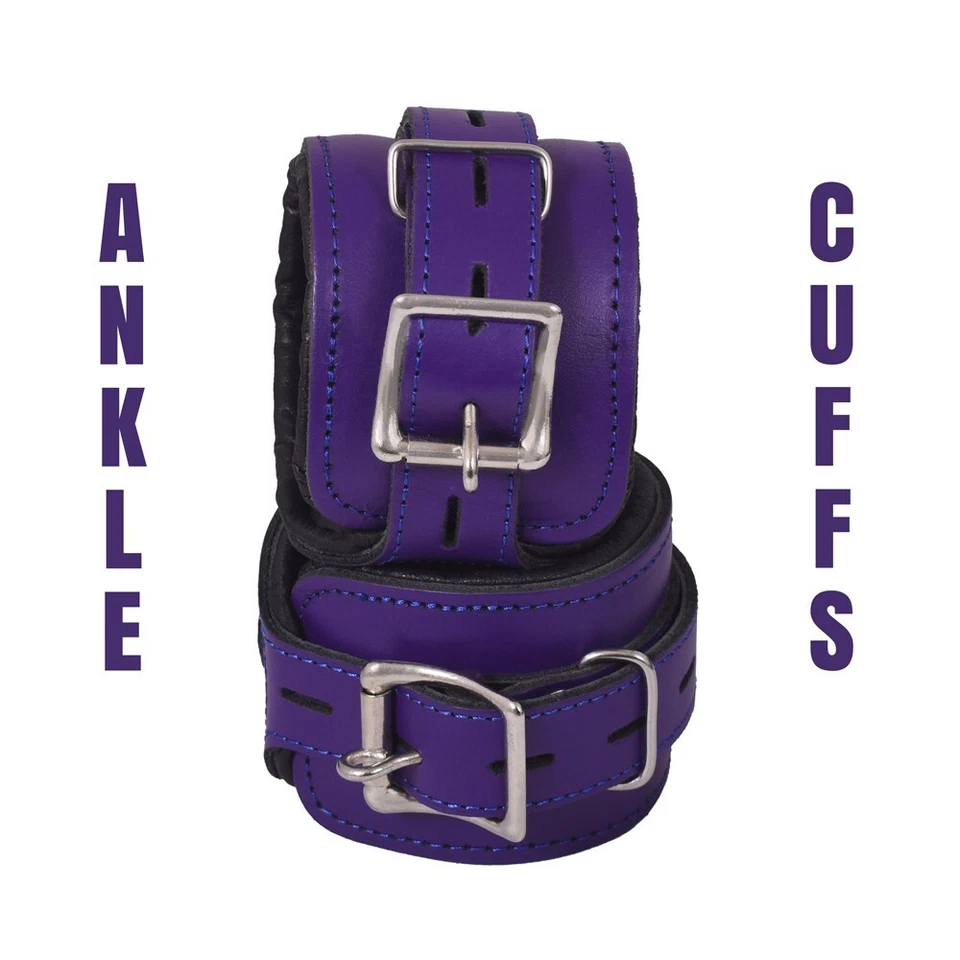 Juego de sujeción de cuello y puños muslos tobillo muñeca cuero real grueso negro 7 piezas Foto 3 de 4