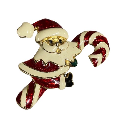 Santa Clause Riding a Candy Cane Christmas Enamel Pin Brooch Jewelry Vintage - Picture 1 of 7