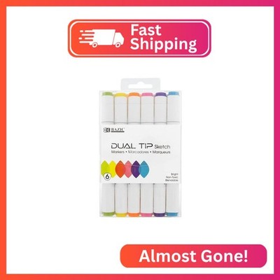 BAZIC PRODUCTS Dual Tip Sketch Markers, Fluorescent, Brush & Chisel, 6 Ct