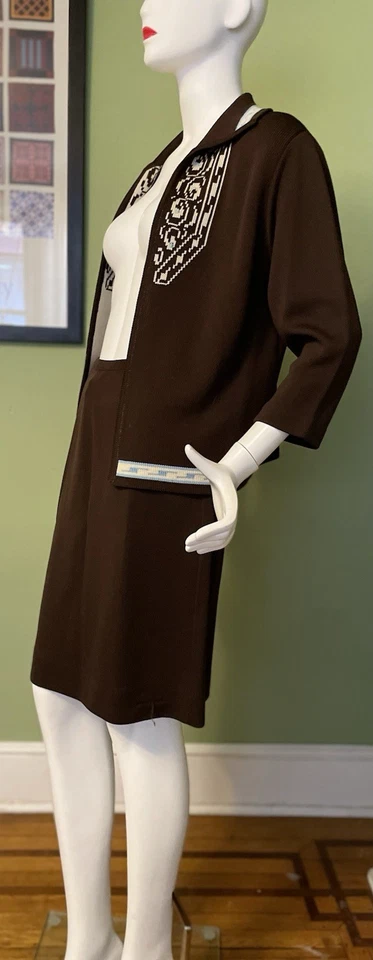 Vintage 1960  Brown Knit Set Cardigan Jacket & Skirt S 26 Waist - Image 2 of 3