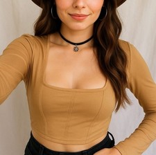Abercrombie Fitch Soft A F Square Neck Long Sleeve Tan Corset Top Women's M