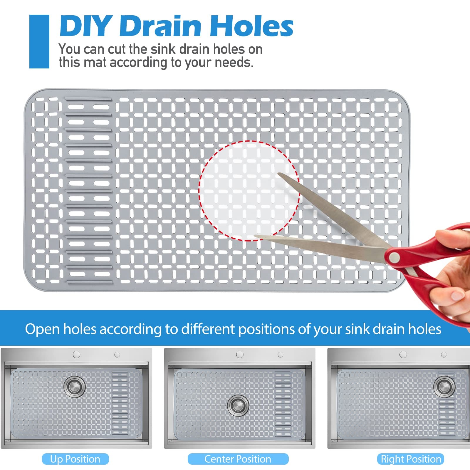 Silicone Sink Mat 26x14in. Kitchen Sink Protector Grey, Non Slip Drain Cover Pad