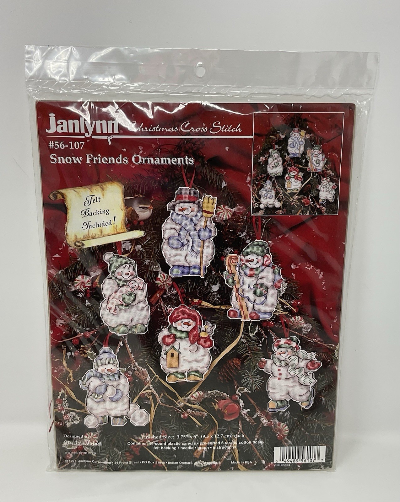 Janlynn Counted Cross Stitch Snow Friends Snowman Ornaments #56-107 NIP VTG 1997