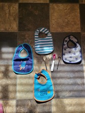 Infant Lot 4 Baby Bibs And 4 Baby Spoons