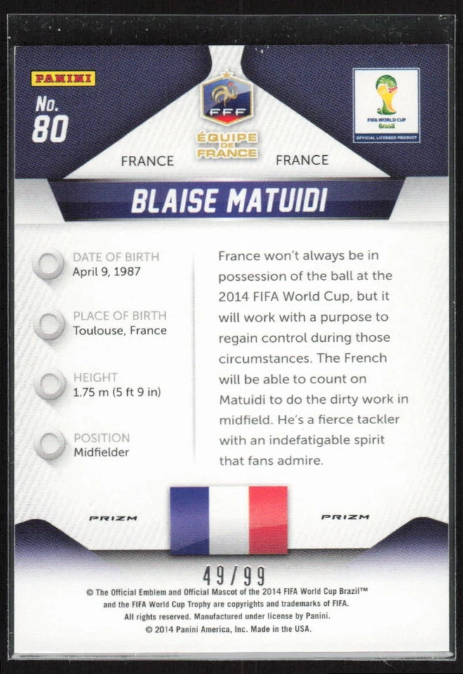 2014 Panini Prizm FIFA World Cup Purple #80 Blaise Matuidi /99 France - Image 2 of 2