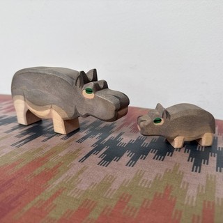 Ostheimer set of hippo hippopotamus and small baby wooden toy