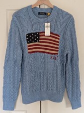 RARE Polo Ralph Lauren Men's Aran Knit Knitted Flag USA Sweater Blue Medium