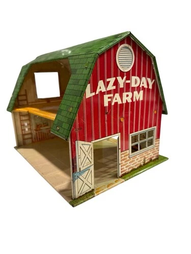 Vintage Lazy-Day Farm Marx Tin Metal Litho Toy Barn 12"x 9.5”