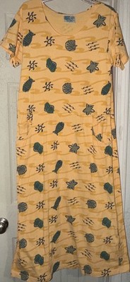 VTG Zip Code Cotton Dress  Made In USA Tropical Fish Yellow Pockets Seashells S