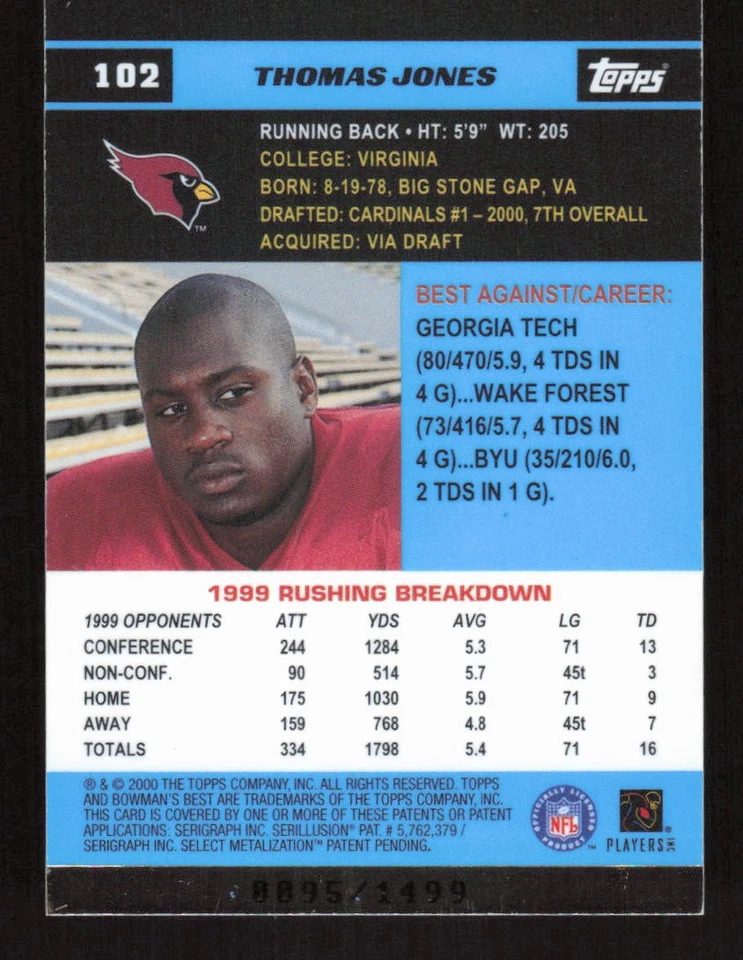 Thomas Jones 2000 Bowman's Best #102 Rookie Arizona Cardinals /1499 - Image 2 of 2