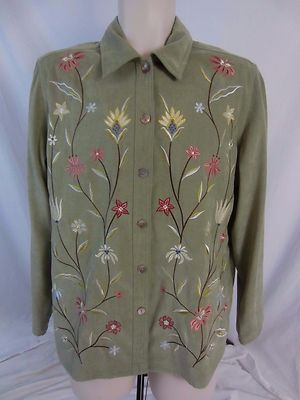 Susan Graver Style Green Velour Floral Embroidered Button Shirt Jacket - AA231