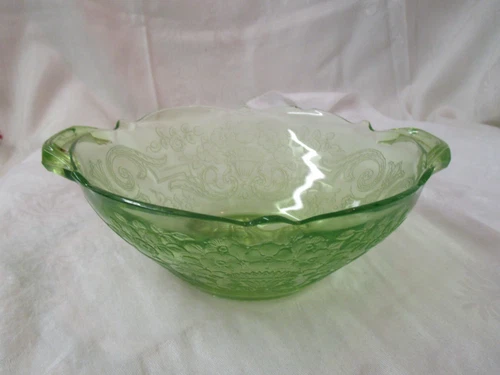 Vintage Lancaster Debra Depression green Uranium Glass round Handled Bowl