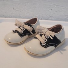 VINTAGE BABY Infant Shoes MOTHER GOOSE Sz 2.5 D Leather Saddle Black White