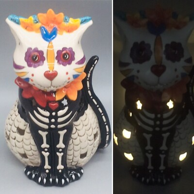 Blue Sky Sugar Skull Cat Skeleton T-lite Candle Holder Halloween Day of the Dead
