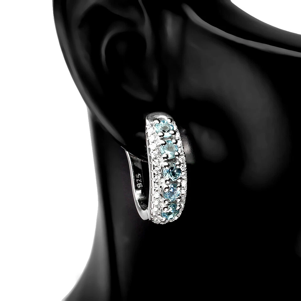 Pendientes redondos de plata de ley 925 con topacio azul de Londres de 3 mm joyas de piedras preciosas Foto 2 de 4