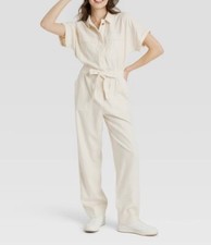 Women  s Universal Thread Short Sleeve Button Down Jumpsuit Cream Size 2 NEW 