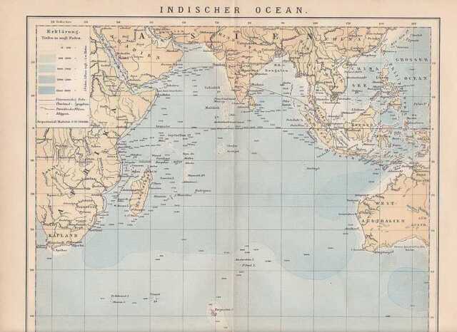 Indian Ocean Nautical Chart Indic Meerestiefen 1884 Geographic Map-