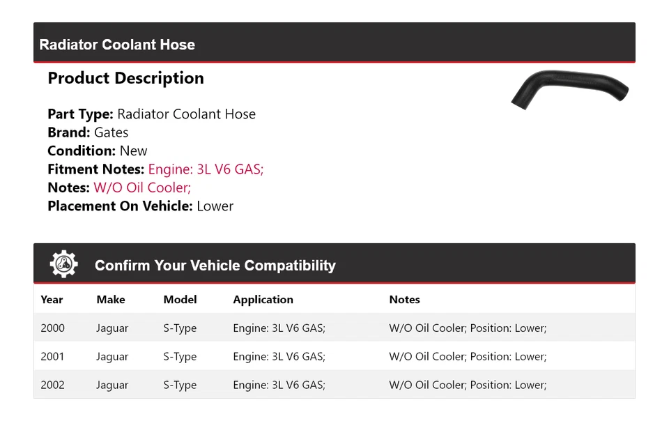 Manguera de refrigerante de radiador de gas 3L V6 para Jaguar S-Type 2000-2002 puertas inferiores 2001 Foto 2 de 4