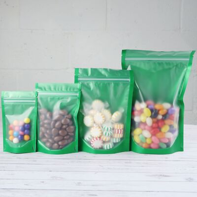 Green Plastic Storage Bags Food Safe Zipper Seal Pouches Stand Up with Window