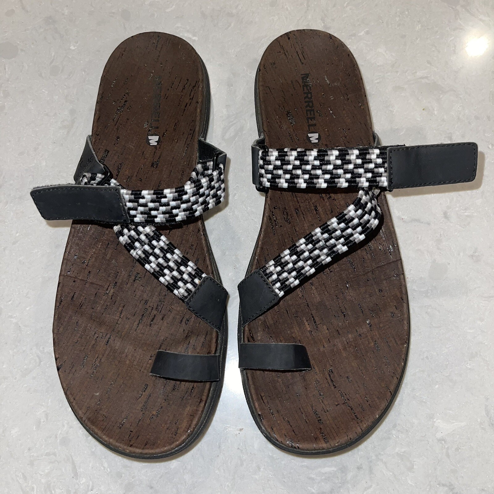 Women's Merrell #J94154 Black White Strappy Leather Fabric Sandals Size 11