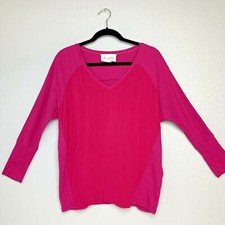 Two by Vince Camuto Women's V-Neck Top Shirt Hot Pink Mixed Media Knit Size S