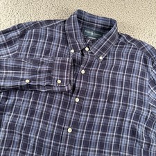 Ralph Lauren Casual Button Down Shirt Men's Large Blue Plaid Silk Linen Blend