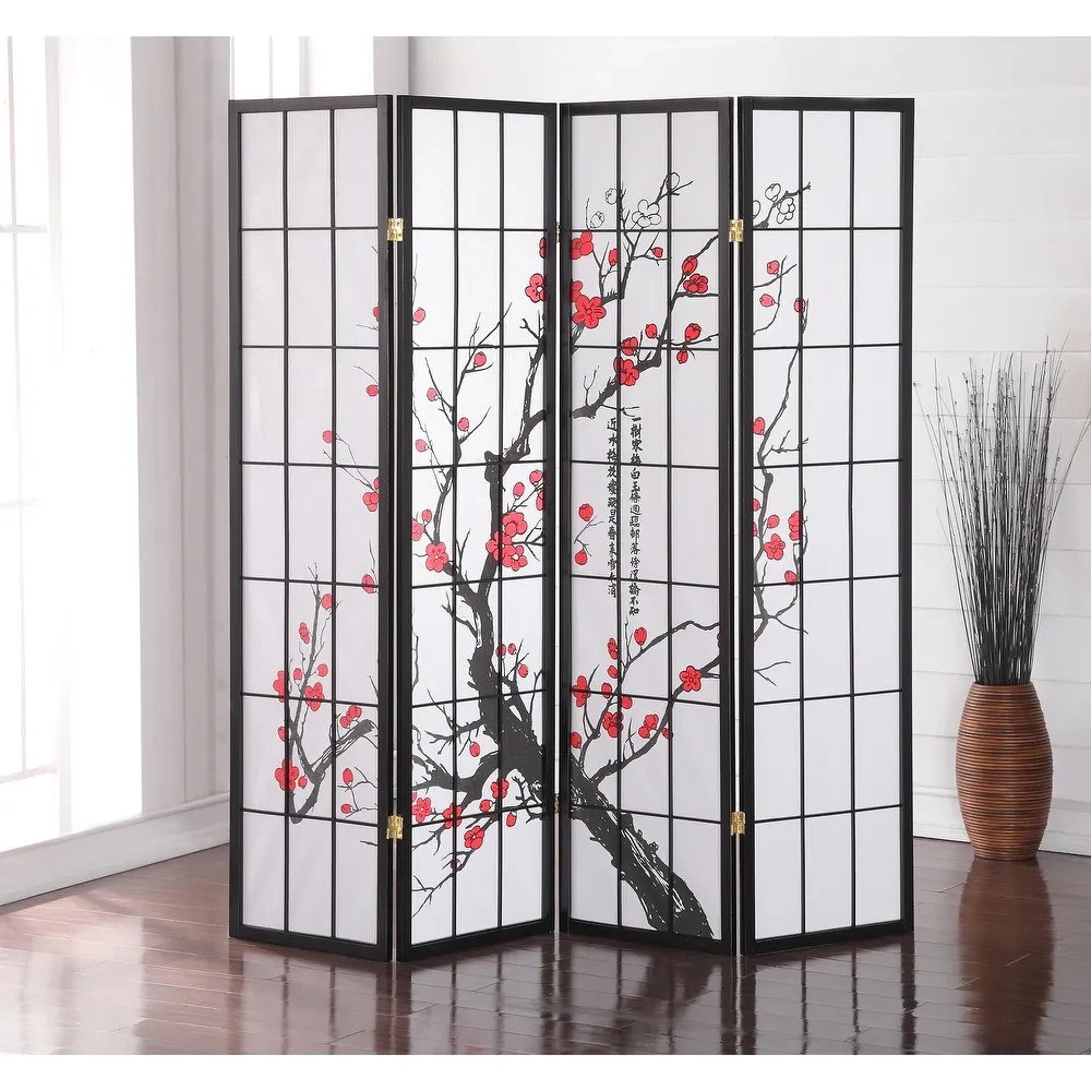Roundhill Furniture Japanese 4-Panel Screen Room Divider, Plum Blossom - Black