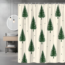 Christmas Tree Shower Curtain - Green Pine Design on Cream Background
