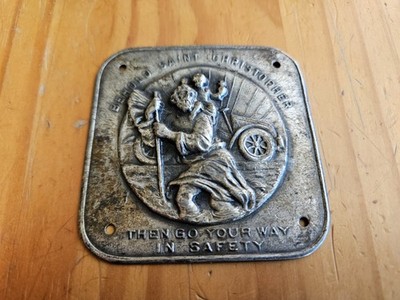Antique St Christopher Automobile Safety Plaque 3'' Cast Bronze Brass c1920s