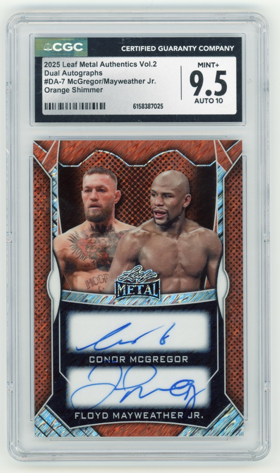 2025 Leaf Metal Conor McGregor Floyd Mayweather Orange Shimmer Auto /6 CGC 9.5/1